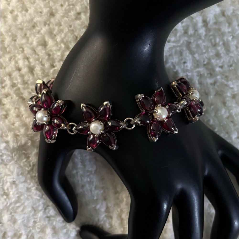 Vintage Doug Paulus Rhodolite & Pearl Sterling Silver Bracelet